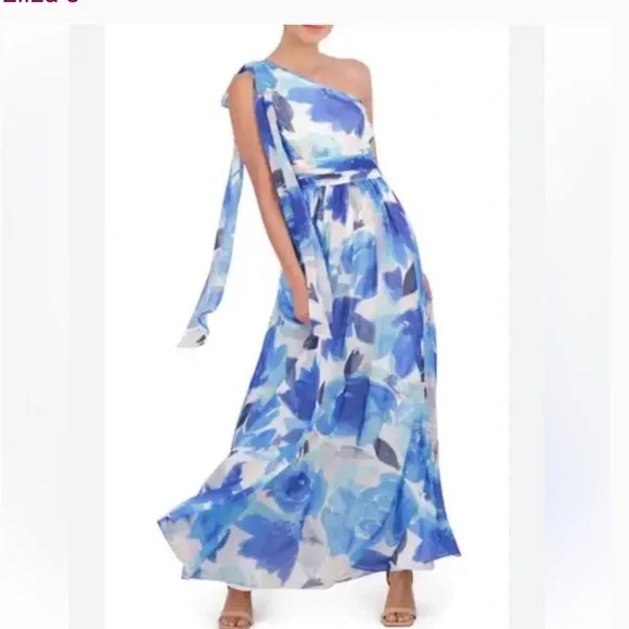 eliza j one shoulder floral dress New S 4 ELIZA J Metallic One Shoulder Floral Print Ruffle Pencil Dress White Blu